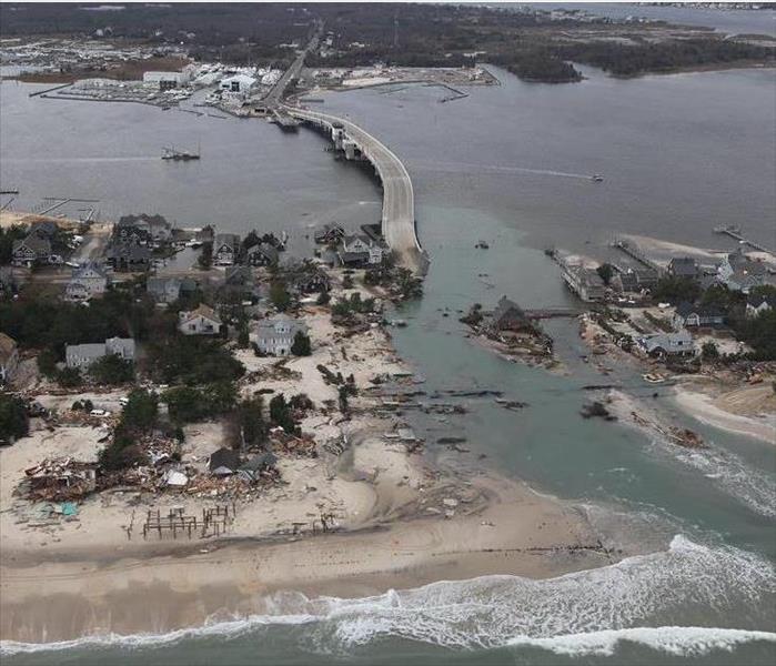View of a damaged coastal town from above
